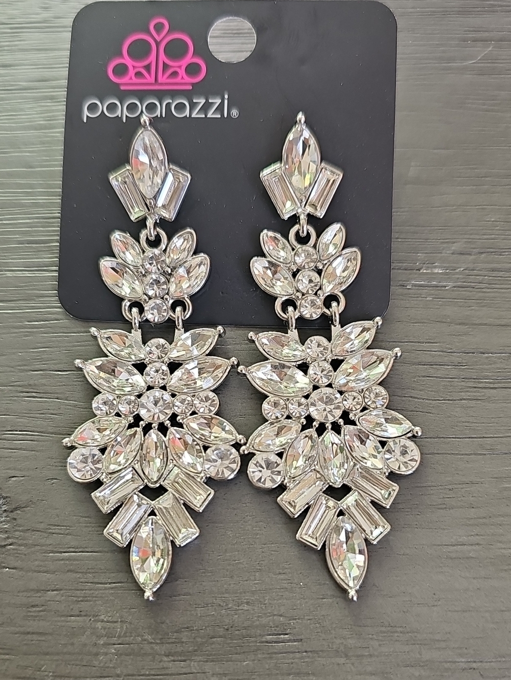 paparazzi Silver Clear Crystal Statement Chandelier Earrings